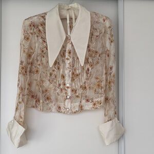 Luxury Quality Floral Sheer Blouse with Cream Collar-Small